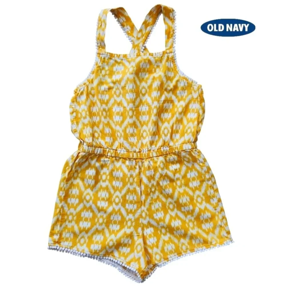 Old Navy Girls Pom-Pom Trim Yellow Cross-Back Strap Romper Sleeveless Size M (8)